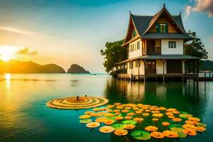 a house on the water with lily pads. AI-Generated photo