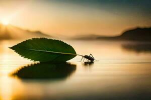 a leaf on the water with a bug on it. AI-Generated photo