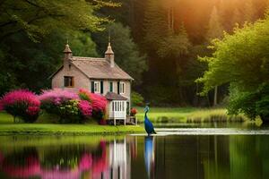 a house and a pond in the middle of a field. AI-Generated photo