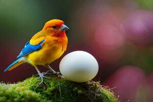 a colorful bird sits on top of a mossy rock. AI-Generated photo