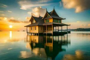 a house on stilts in the middle of the ocean. AI-Generated photo