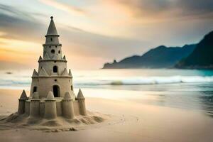 un arena castillo en el playa a puesta de sol. generado por ai foto