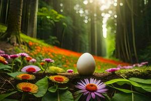 an egg sits in the middle of a forest with flowers. AI-Generated photo