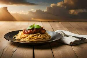 spaghetti with meat and tomato sauce on a plate on a wooden table. AI-Generated photo