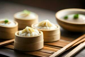 dumplings in bamboo containers with chopsticks on a table. AI-Generated photo