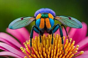 un vistoso abeja se sienta en un rosado flor. generado por ai foto