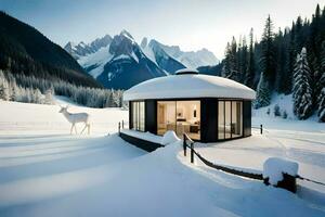 un pequeño casa con un ciervo en el nieve. generado por ai foto