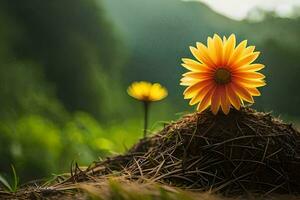 a single yellow flower sits on top of a mound of grass. AI-Generated photo