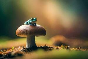 a frog sits on top of a mushroom in the forest. AI-Generated photo