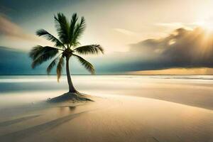 a palm tree stands alone on a beach with the sun shining. AI-Generated photo