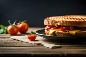 a grilled sandwich with cheese and tomatoes on a black plate. AI-Generated photo