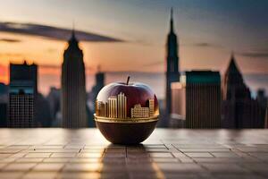 an apple with a city skyline in the background. AI-Generated photo