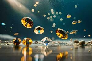 golden gems floating in the water. AI-Generated photo