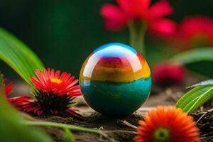 a colorful egg sitting on top of some flowers. AI-Generated photo