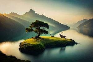 photo wallpaper the sky, water, mountains, tree, deer, lake, the mountains, the. AI-Generated