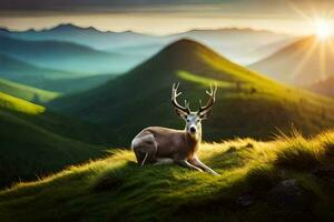 a deer is sitting on a hill with mountains in the background. AI-Generated photo