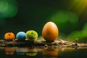 an egg and flowers are sitting on a branch. AI-Generated photo