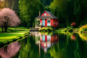 a red house sits on the edge of a pond. AI-Generated photo