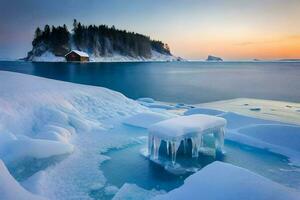 ice covered rocks and a small house on the shore. AI-Generated photo