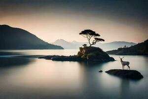 un solitario árbol soportes en un rock en el medio de un lago. generado por ai foto