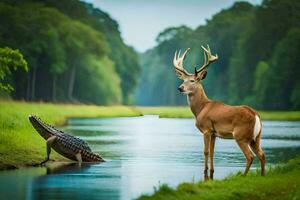 a deer and an alligator in a river. AI-Generated photo
