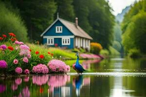 a peacock stands on the water near a house. AI-Generated photo