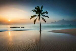 the sun sets on the beach in the background. AI-Generated photo