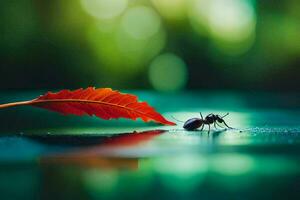 a small insect is standing on the ground next to a leaf. AI-Generated photo