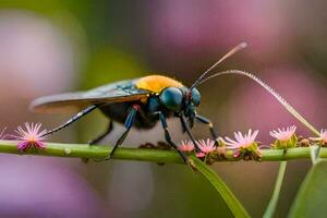 a colorful bug sits on a stem with pink flowers. AI-Generated photo