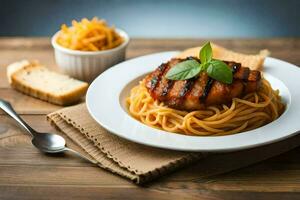 pollo pecho con espaguetis y un pan en un de madera mesa. generado por ai foto