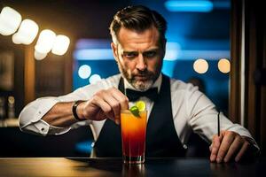 a man in a tuxedo is making a cocktail. AI-Generated photo