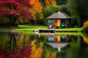 a small cabin sits on the edge of a lake. AI-Generated photo