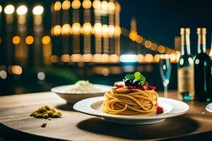 spaghetti and wine on a table in front of a cityscape. AI-Generated photo