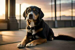 un perro sentado en el suelo a puesta de sol. generado por ai foto