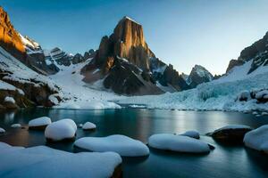 un montaña rango es cubierto en nieve y hielo. generado por ai foto