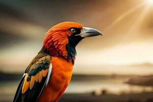 a colorful bird is standing on a rock. AI-Generated photo