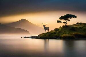 un ciervo soportes en el apuntalar de un lago a puesta de sol. generado por ai foto