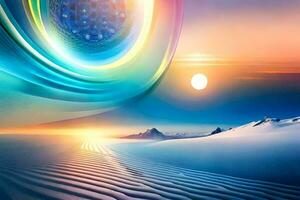 a colorful abstract image of a sun and a mountain. AI-Generated photo