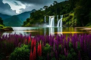 the waterfall is surrounded by purple flowers and green grass. AI-Generated photo