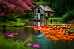 a small house sits on the edge of a pond. AI-Generated photo