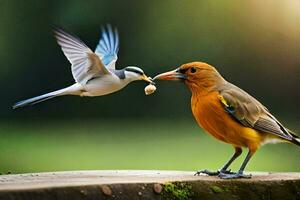 un pájaro es alimentación otro pájaro con un semilla. generado por ai foto