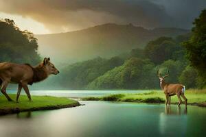 two deer standing in the water near a river. AI-Generated photo