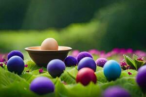 vistoso huevos en un cuenco en un verde campo. generado por ai foto