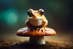 a frog sitting on top of a mushroom. AI-Generated photo