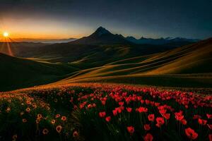 el Dom sube terminado el montañas y flores en el primer plano. generado por ai foto
