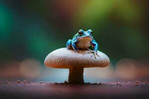 a frog sits on top of a mushroom. AI-Generated photo