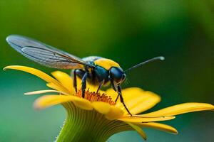 a bee with black and yellow wings is sitting on a yellow flower. AI-Generated photo