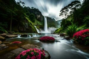 a waterfall surrounded by flowers and rocks. AI-Generated photo