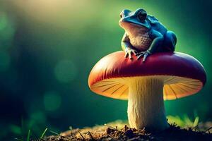a frog sits on top of a red mushroom. AI-Generated photo