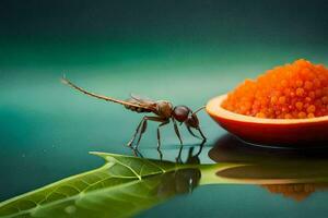 un mosca es en pie siguiente a un pedazo de fruta. generado por ai foto